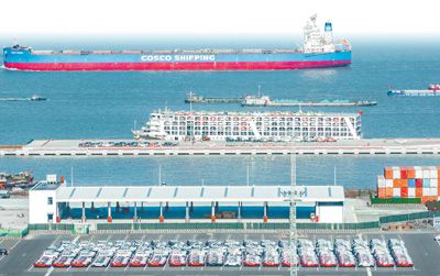 2024年1月24日,江苏省太仓港国际集装箱码头装卸作业繁忙有序,新能源汽车正在准备装船出口海外。张从余摄(影像中国)